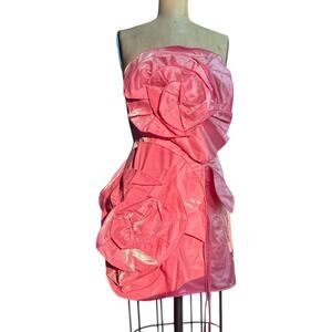 Pink metallic iridescent  strapless dress with rose detailing and ruffles Size S